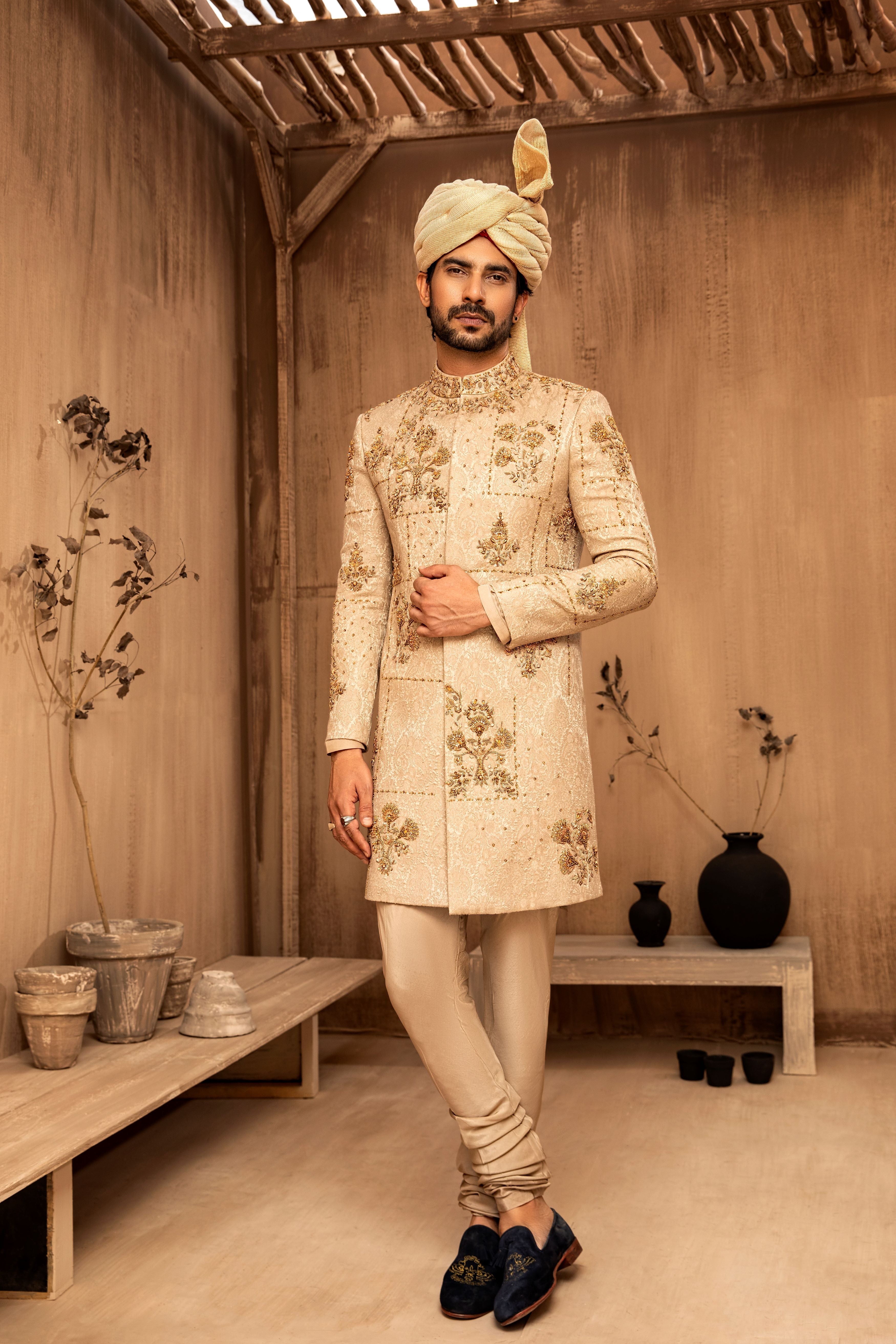RTW Biscuit Gold Asymmetrical Sherwani