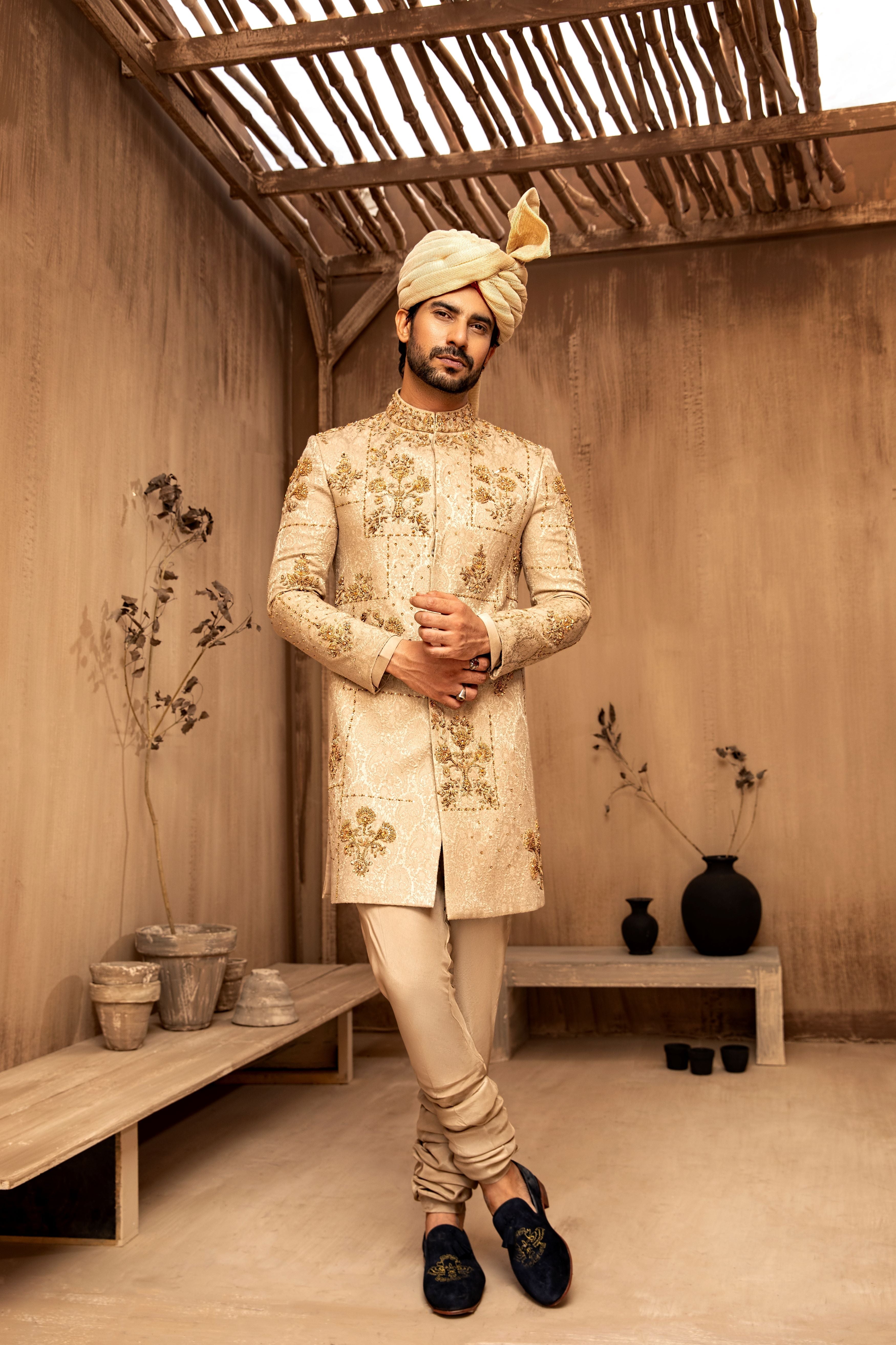 RTW Biscuit Gold Asymmetrical Sherwani