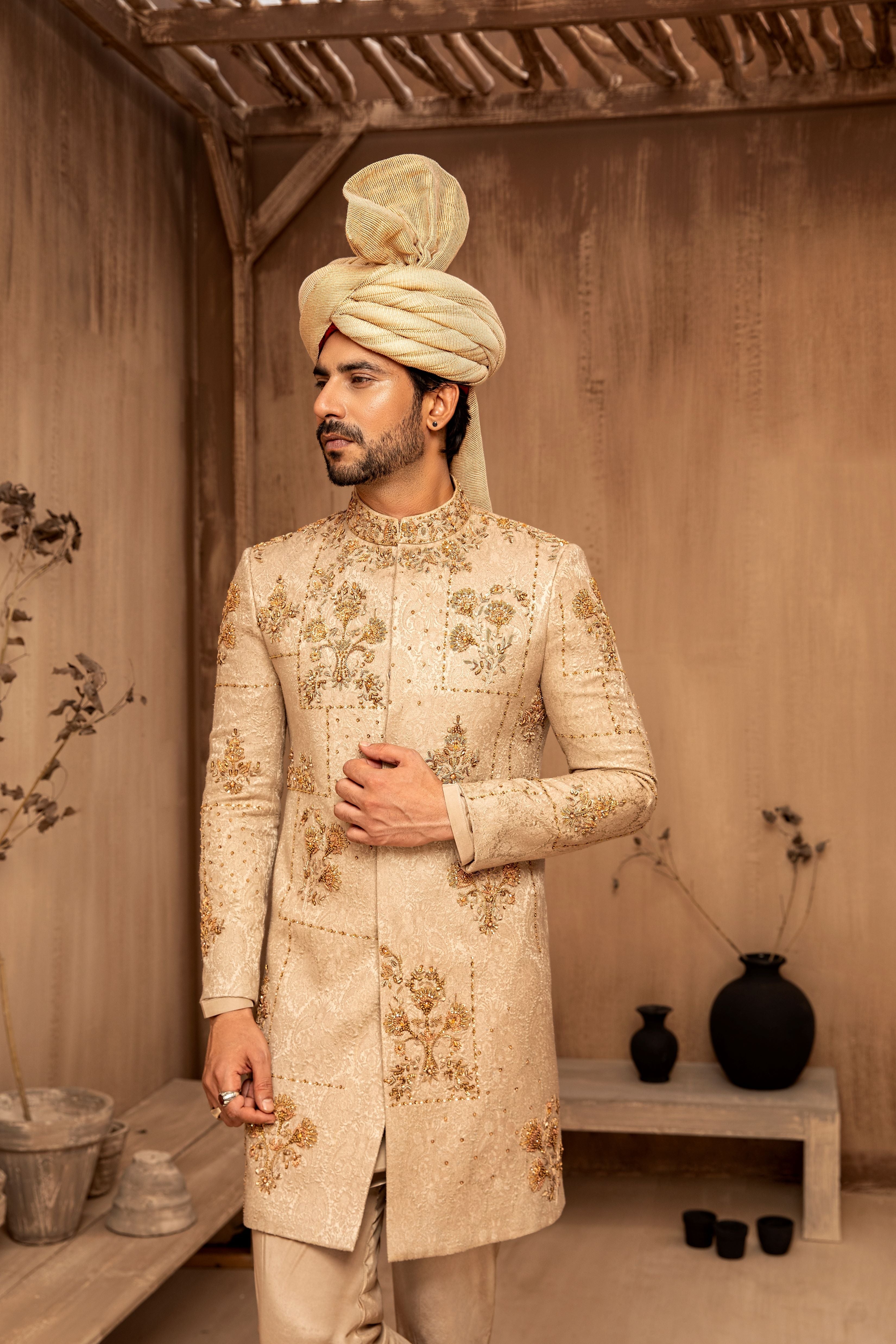 RTW Biscuit Gold Asymmetrical Sherwani