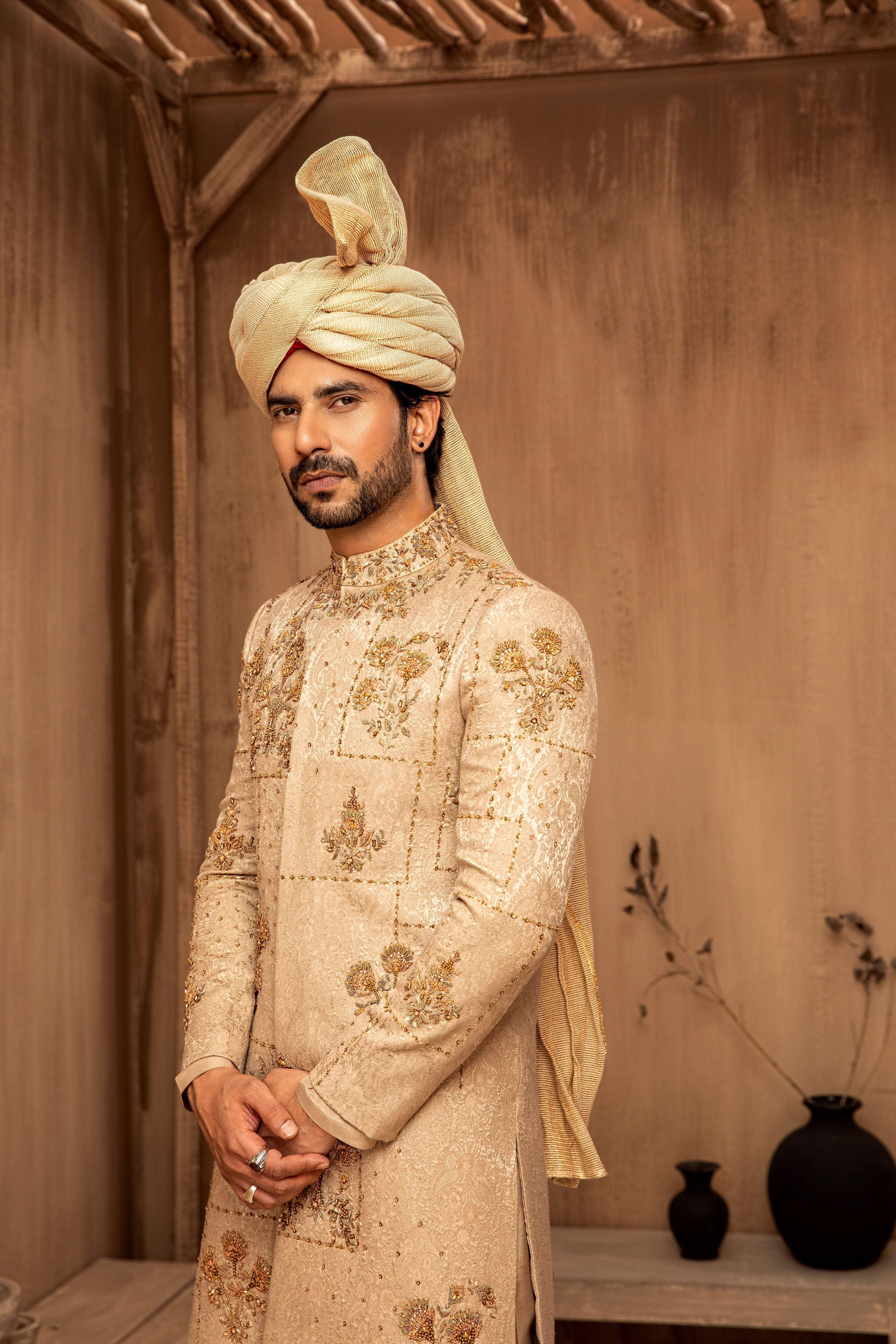 RTW Biscuit Gold Asymmetrical Sherwani