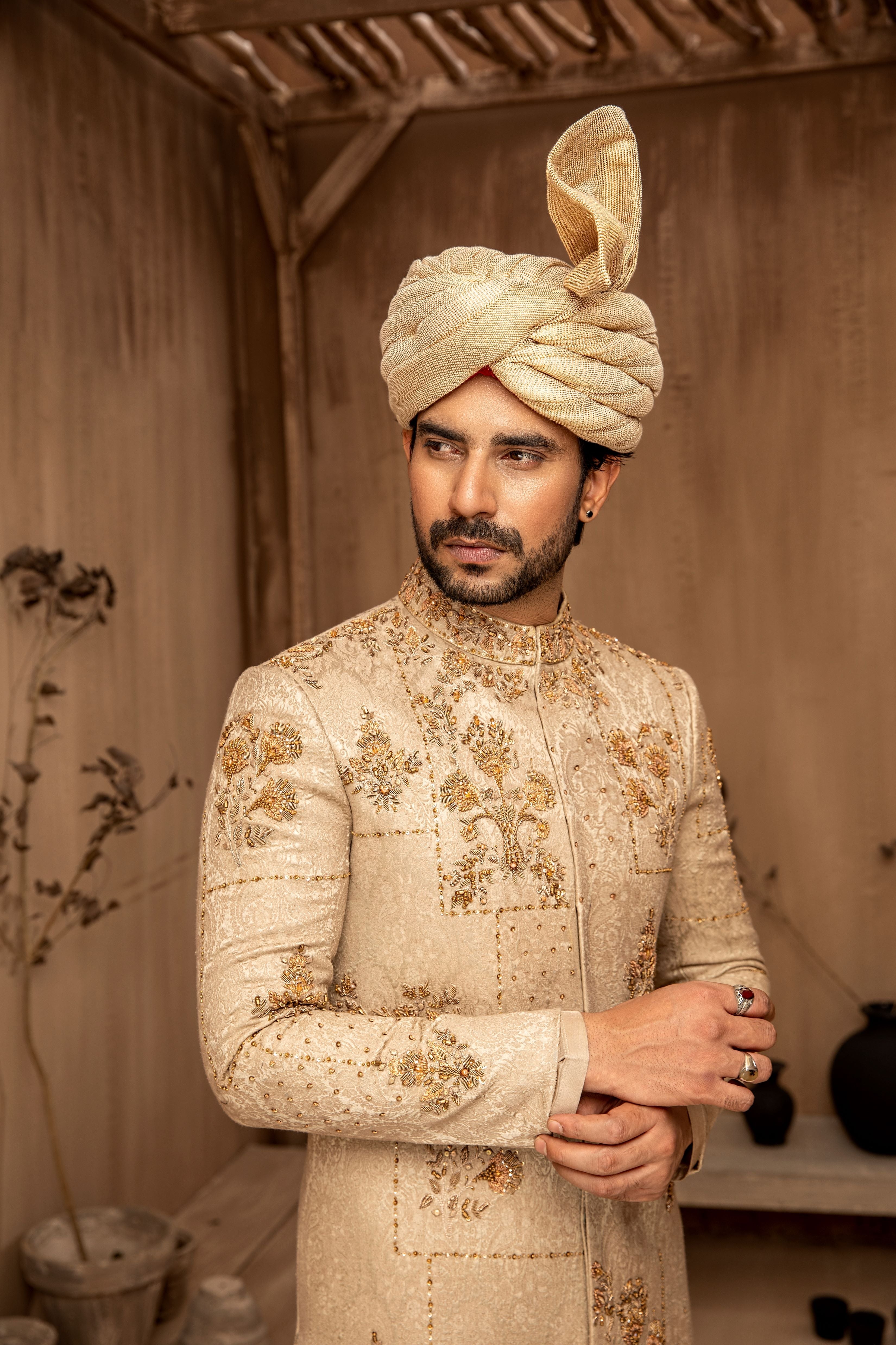 RTW Biscuit Gold Asymmetrical Sherwani