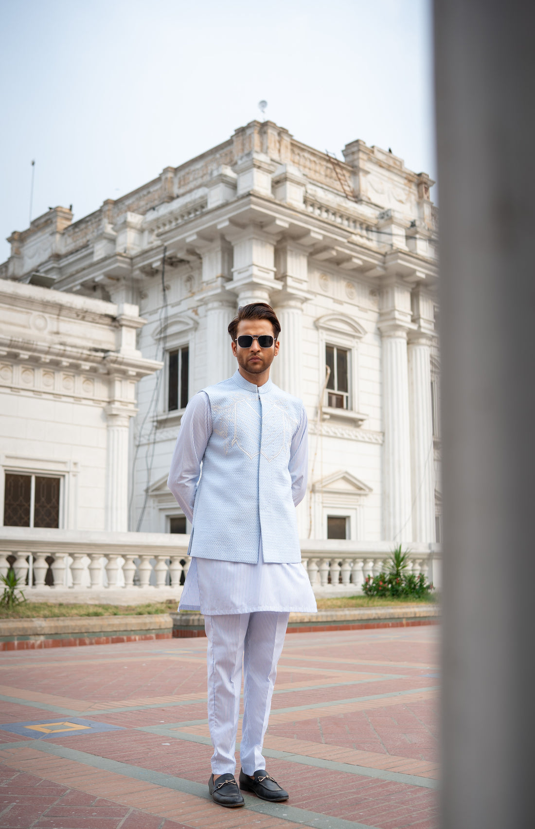 Striped Kurta Set & Pastel Waistcoat