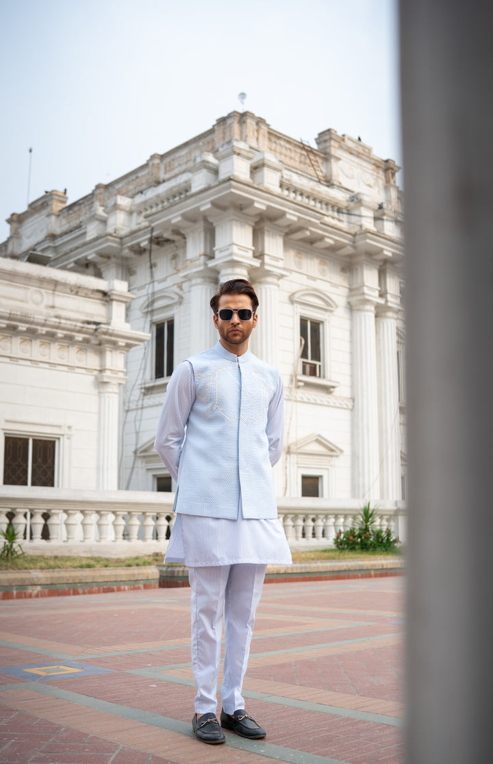 Striped Kurta Set & Pastel Waistcoat