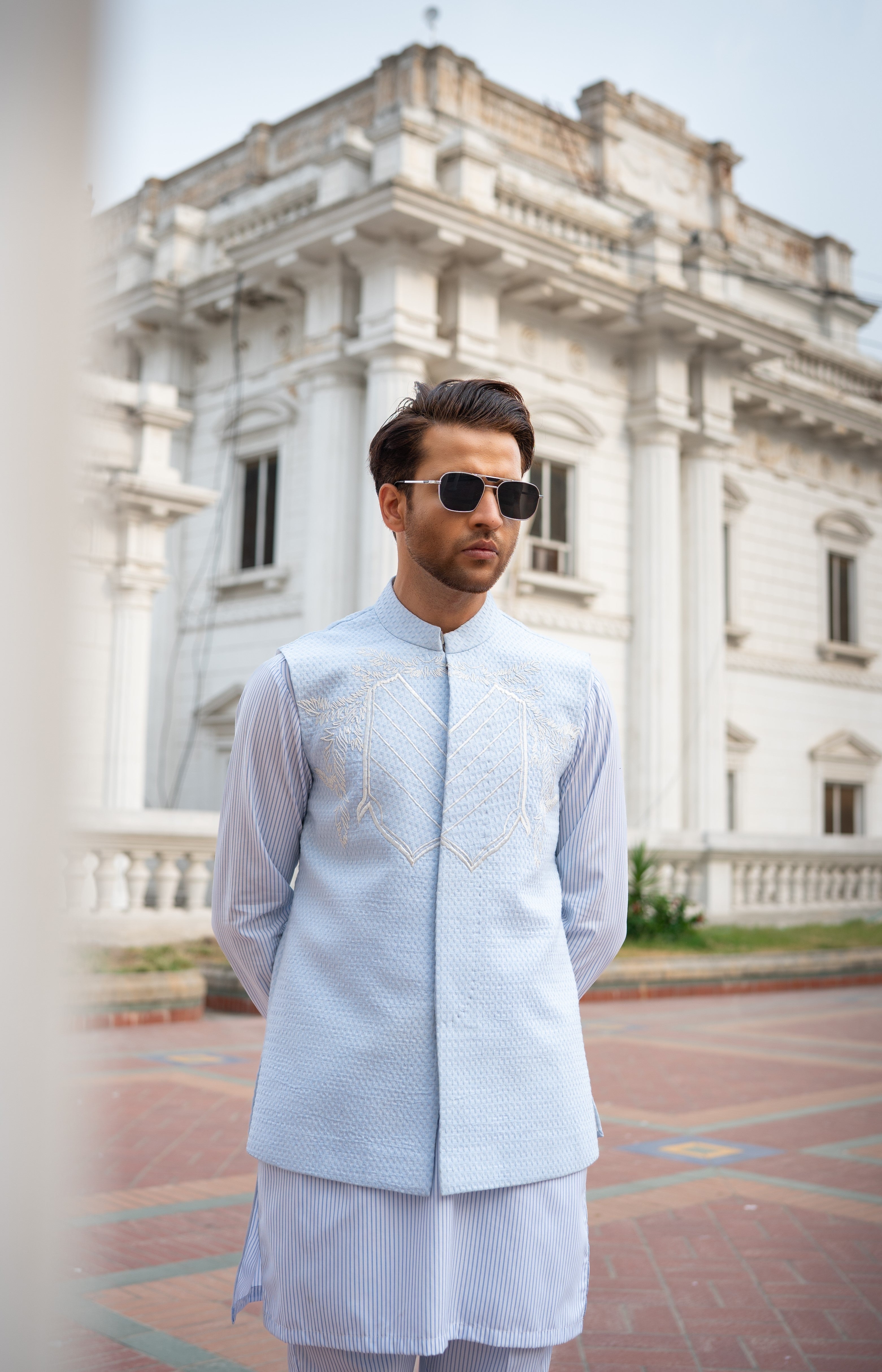 Striped Kurta Set & Pastel Waistcoat