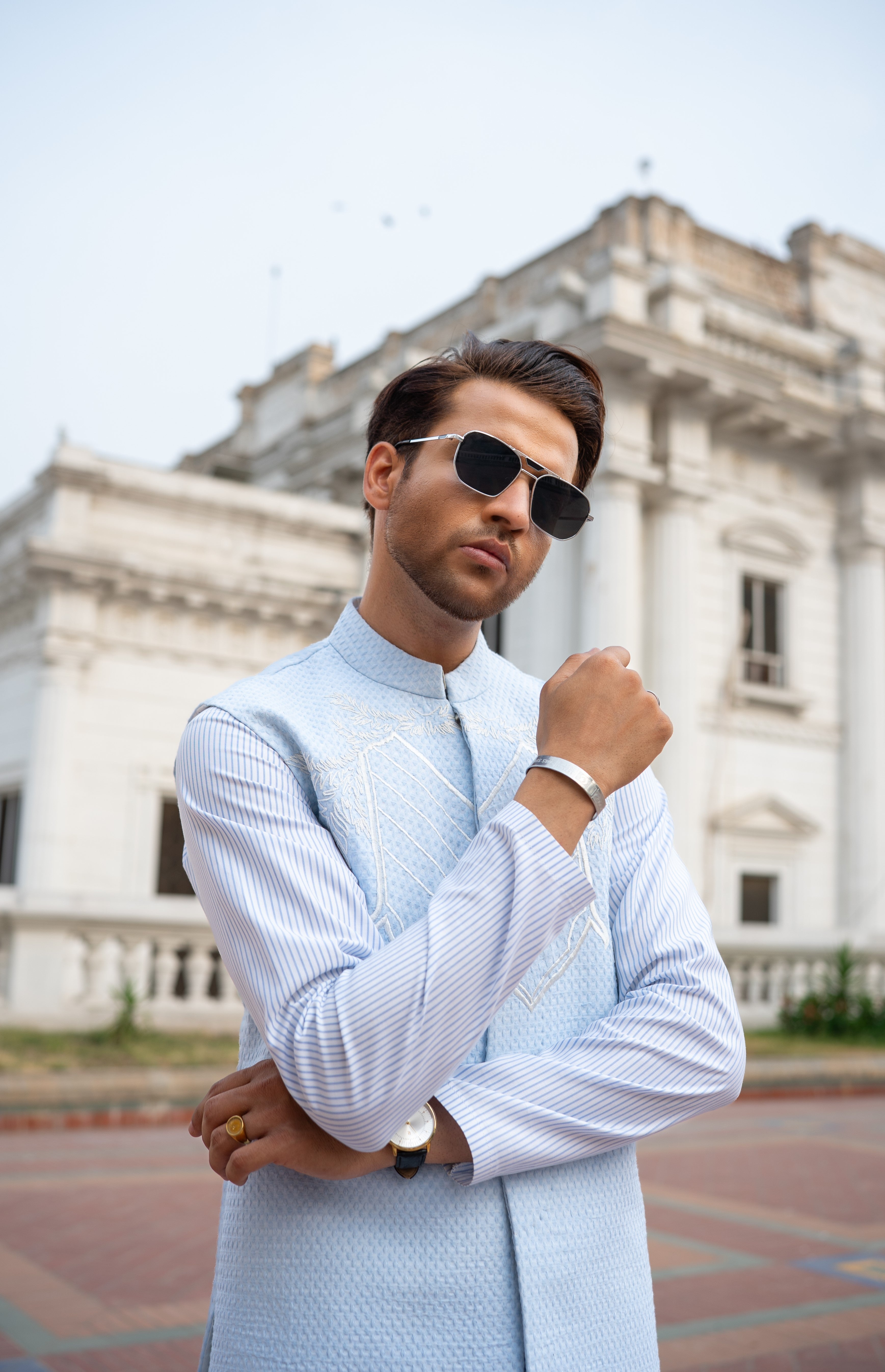 Striped Kurta Set & Pastel Waistcoat