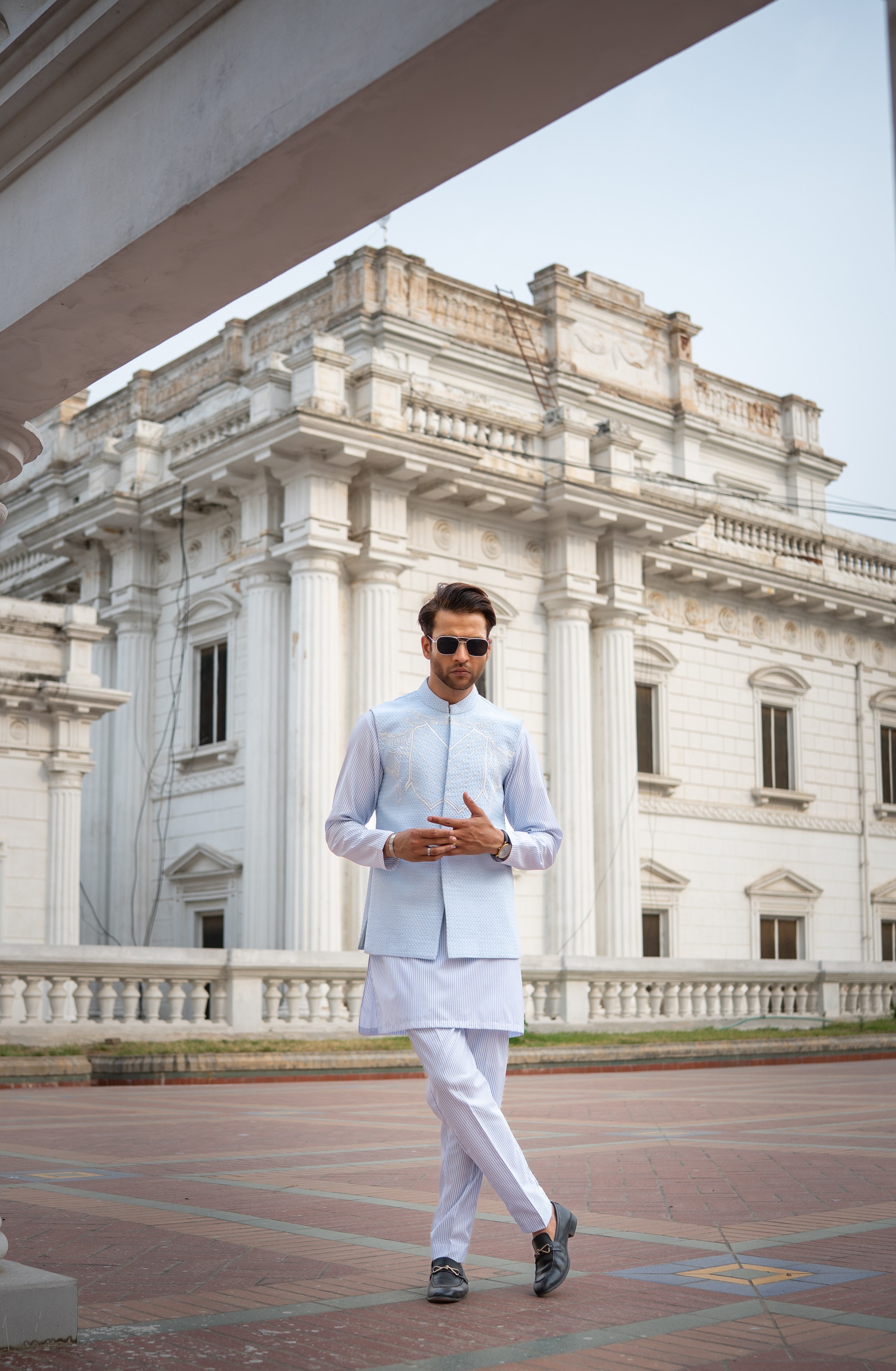 Striped Kurta Set & Pastel Waistcoat