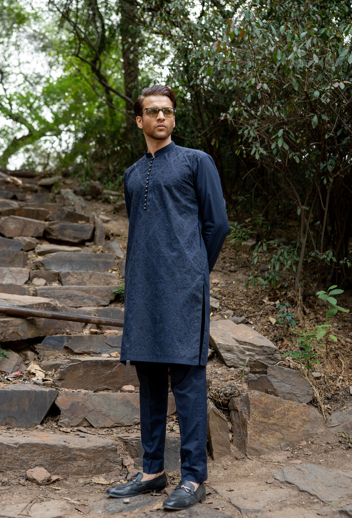 Blue Self Embroidered Kurta Pajama