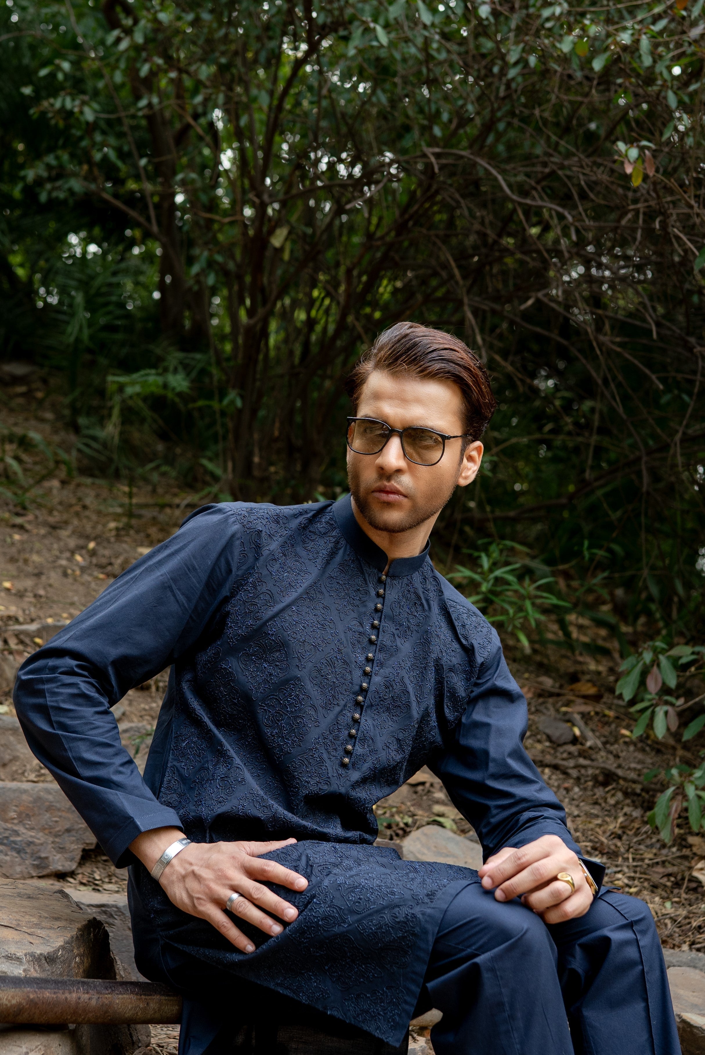 Blue Self Embroidered Kurta Pajama